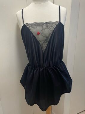 Vintage Black Satin Chemise with Sheer Embroidered Panel and Red Heart